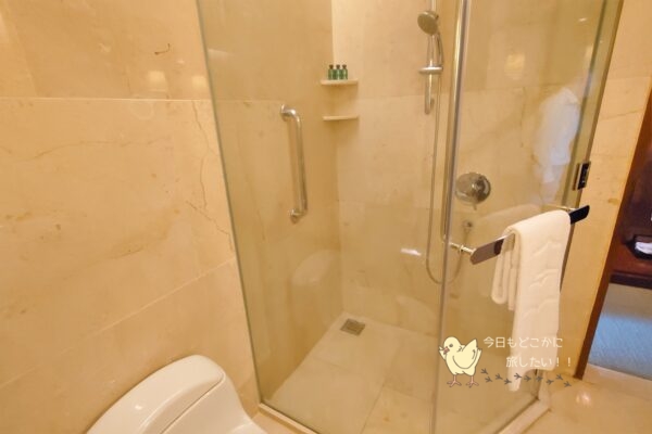 シャングリラ バンコクのデラックスリバービュールームのシャワーブース