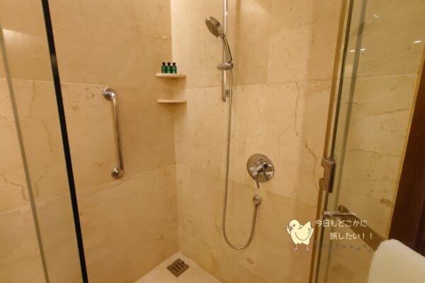 シャングリラ バンコクのデラックスリバービュールームのシャワーブース