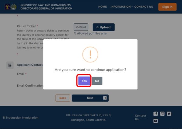 インドネシアのe-Visa申請サイト・ビザ申請画面の確認メッセージ