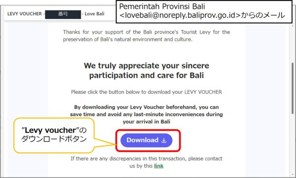 バリ島観光税支払いサイトの[Love Bali」からの支払い後のバウチャー発行メール