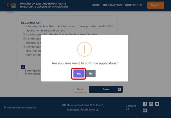 インドネシアのe-Visa申請サイト・申請確認画面の確認メッセージ