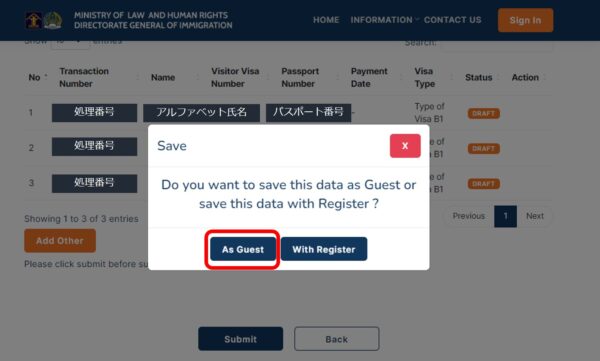 インドネシアのe-Visa申請サイト・登録確認画面