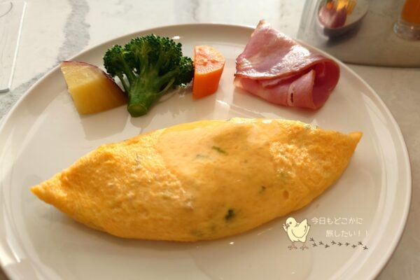 マリオット長崎のHARBELLAの朝食の雲仙しまばら鶏の和風おむれつ